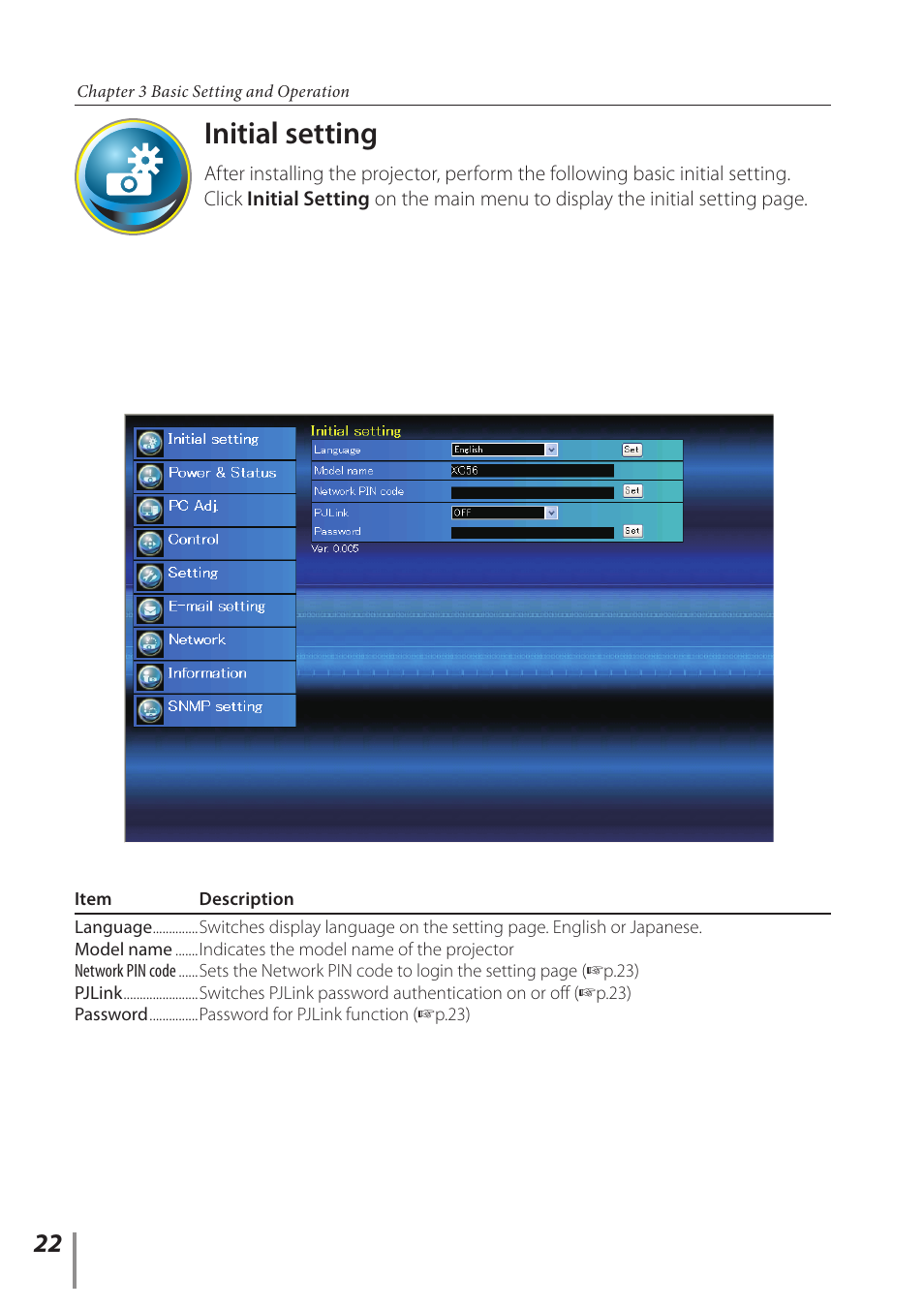 Initial setting | Sanyo PLC-XC56 User Manual | Page 22 / 60