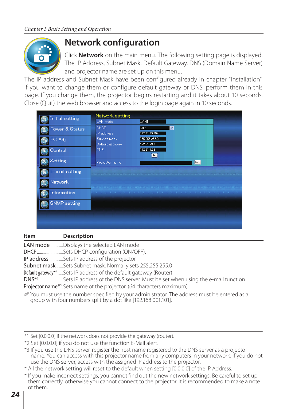 Network configuration | Sanyo PLC-XC56 User Manual | Page 24 / 60