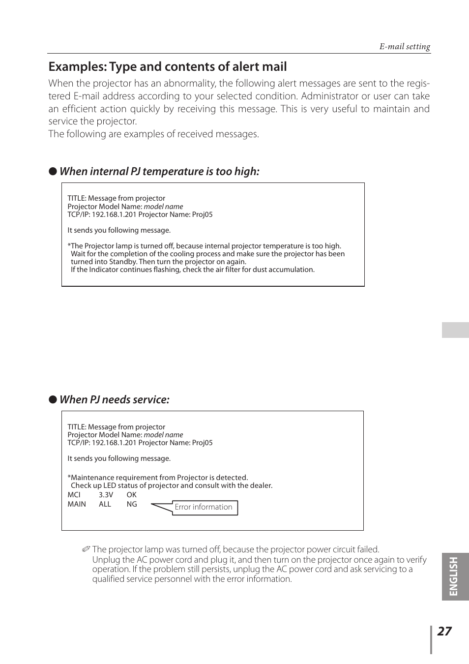 Examples: type and contents of alert mail, When pj needs service, When internal pj temperature is too high | English | Sanyo PLC-XC56 User Manual | Page 27 / 60