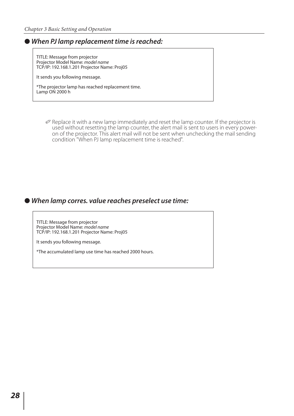 When pj lamp replacement time is reached, When lamp corres. value reaches preselect use time | Sanyo PLC-XC56 User Manual | Page 28 / 60