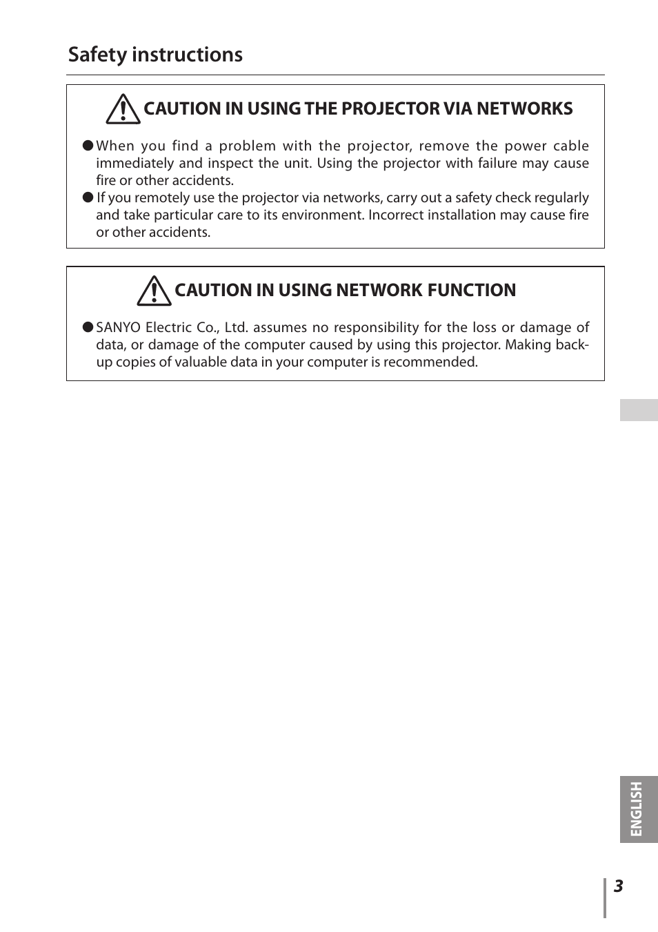 Safety instructions, Caution in using the projector via networks, Caution in using network function | Sanyo PLC-XC56 User Manual | Page 3 / 60