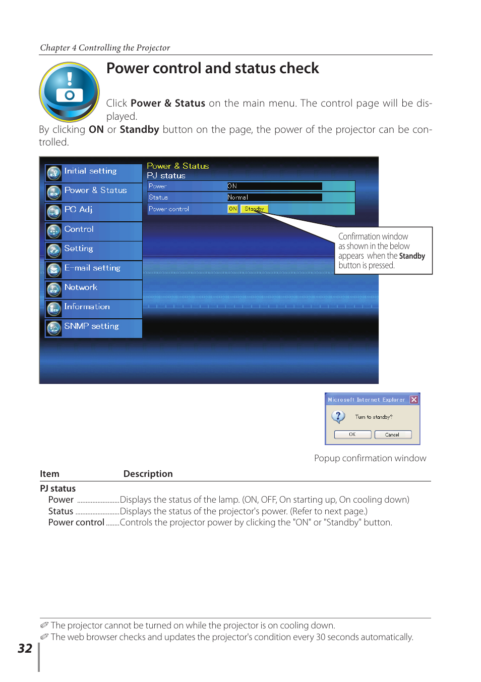 Power control and status check | Sanyo PLC-XC56 User Manual | Page 32 / 60