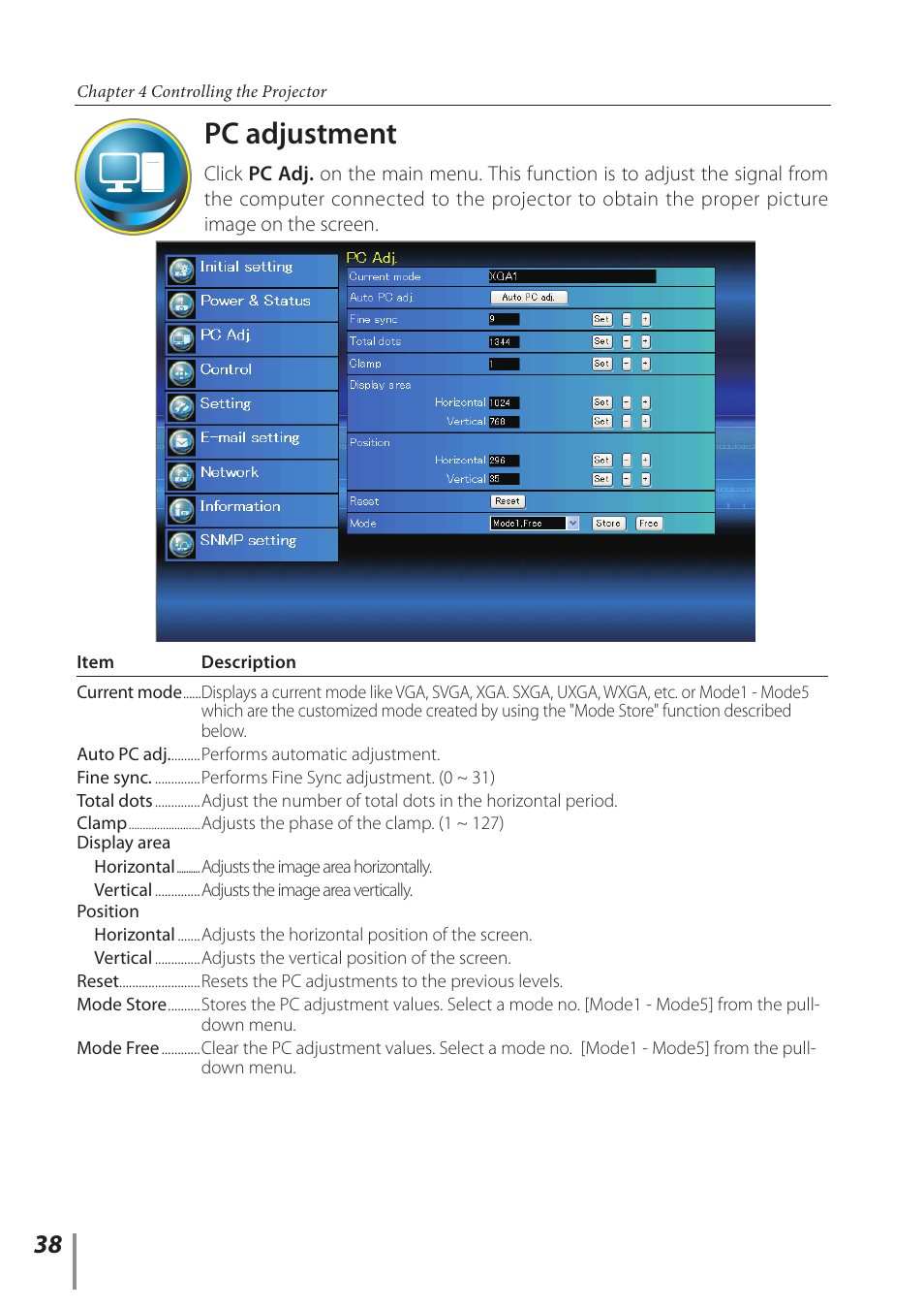 Pc adjustment | Sanyo PLC-XC56 User Manual | Page 38 / 60
