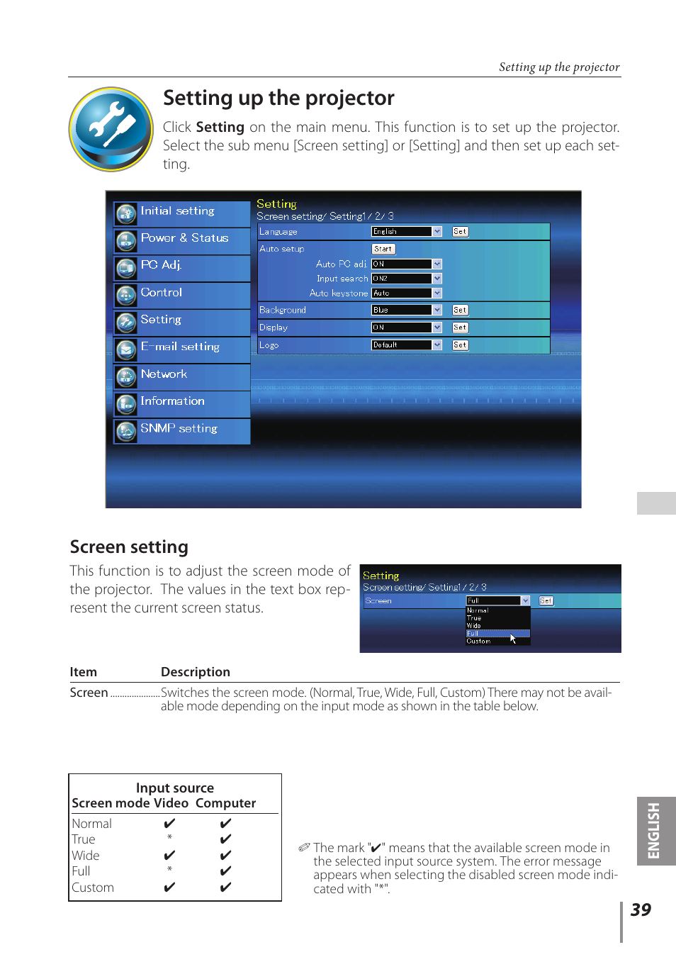 Setting up the projector, Screen setting | Sanyo PLC-XC56 User Manual | Page 39 / 60