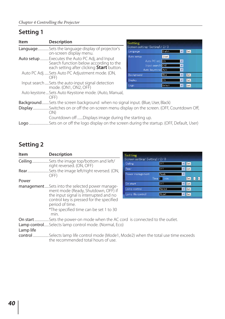 Setting 1, Setting 2, Setting 1 setting 2 | Sanyo PLC-XC56 User Manual | Page 40 / 60