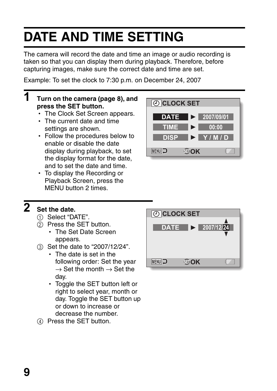 Date and time setting | Sanyo VPC-HD1000 User Manual | Page 10 / 26