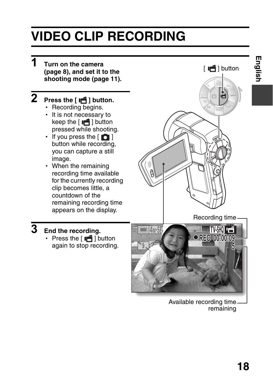 Video clip recording | Sanyo VPC-HD1000 User Manual | Page 19 / 26