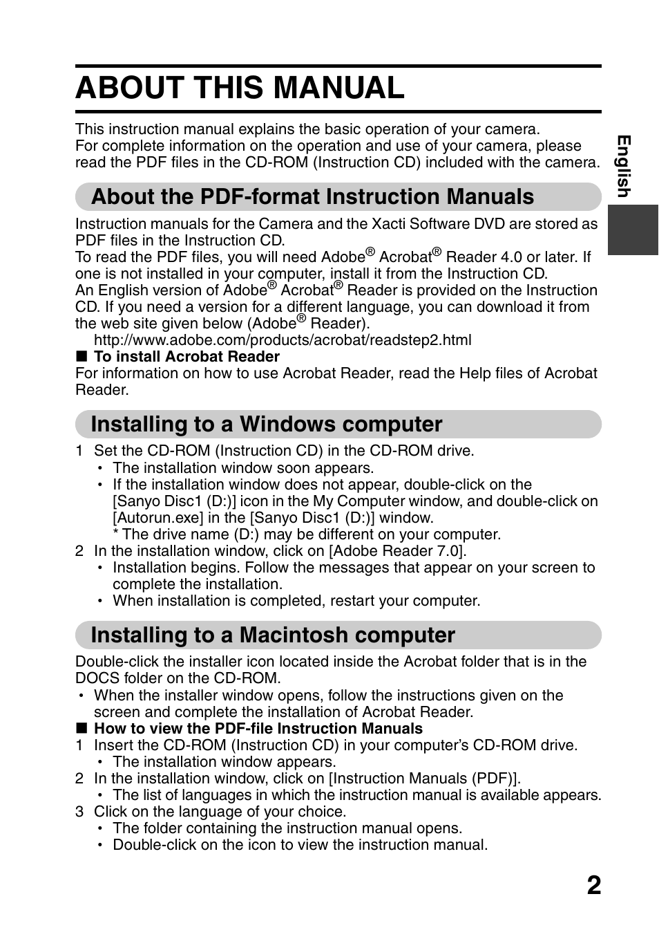 About this manual, About the pdf-format instruction manuals, Installing to a windows computer | Installing to a macintosh computer | Sanyo VPC-HD1000 User Manual | Page 3 / 26