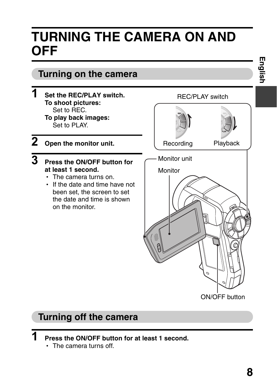 Turning the camera on and off, Turning on the camera, Turning off the camera | Sanyo VPC-HD1000 User Manual | Page 9 / 26