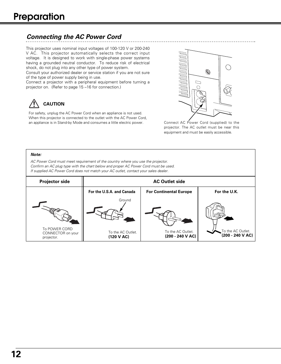 Preparation, Connecting the ac power cord | Sanyo PLC-SW30 User Manual | Page 12 / 52