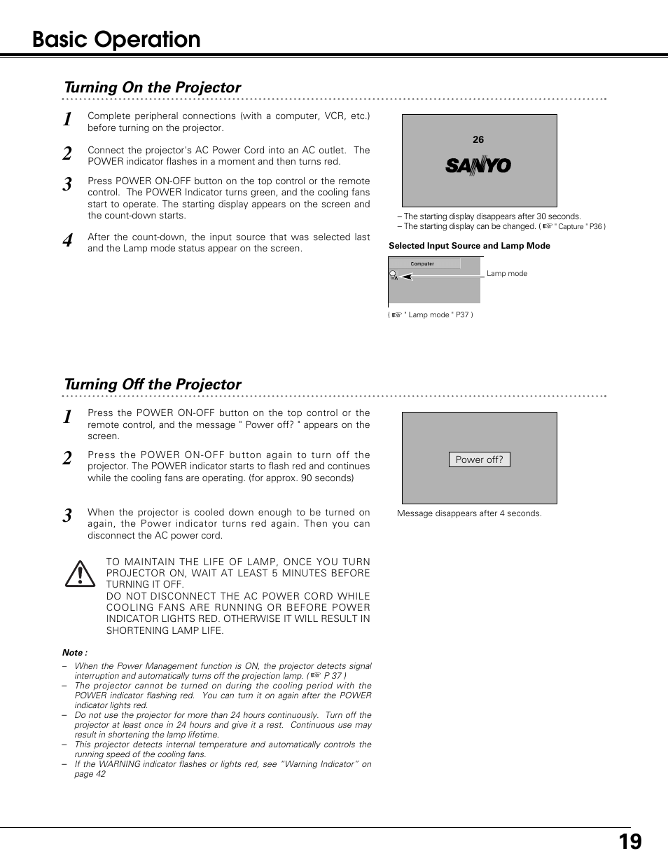 Basic operation, Turning off the projector, Turning on the projector | Sanyo PLC-SW30 User Manual | Page 19 / 52