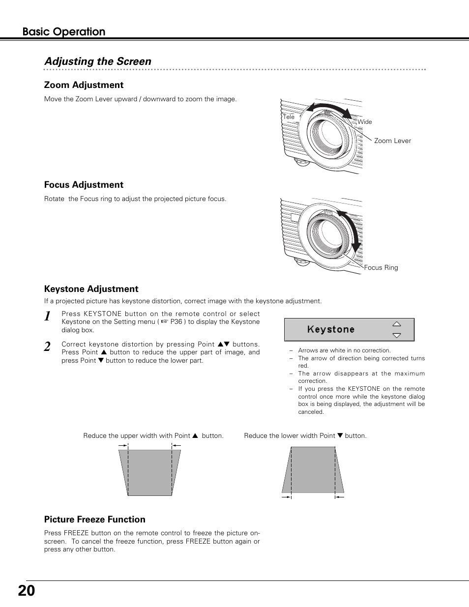 Basic operation, Adjusting the screen | Sanyo PLC-SW30 User Manual | Page 20 / 52