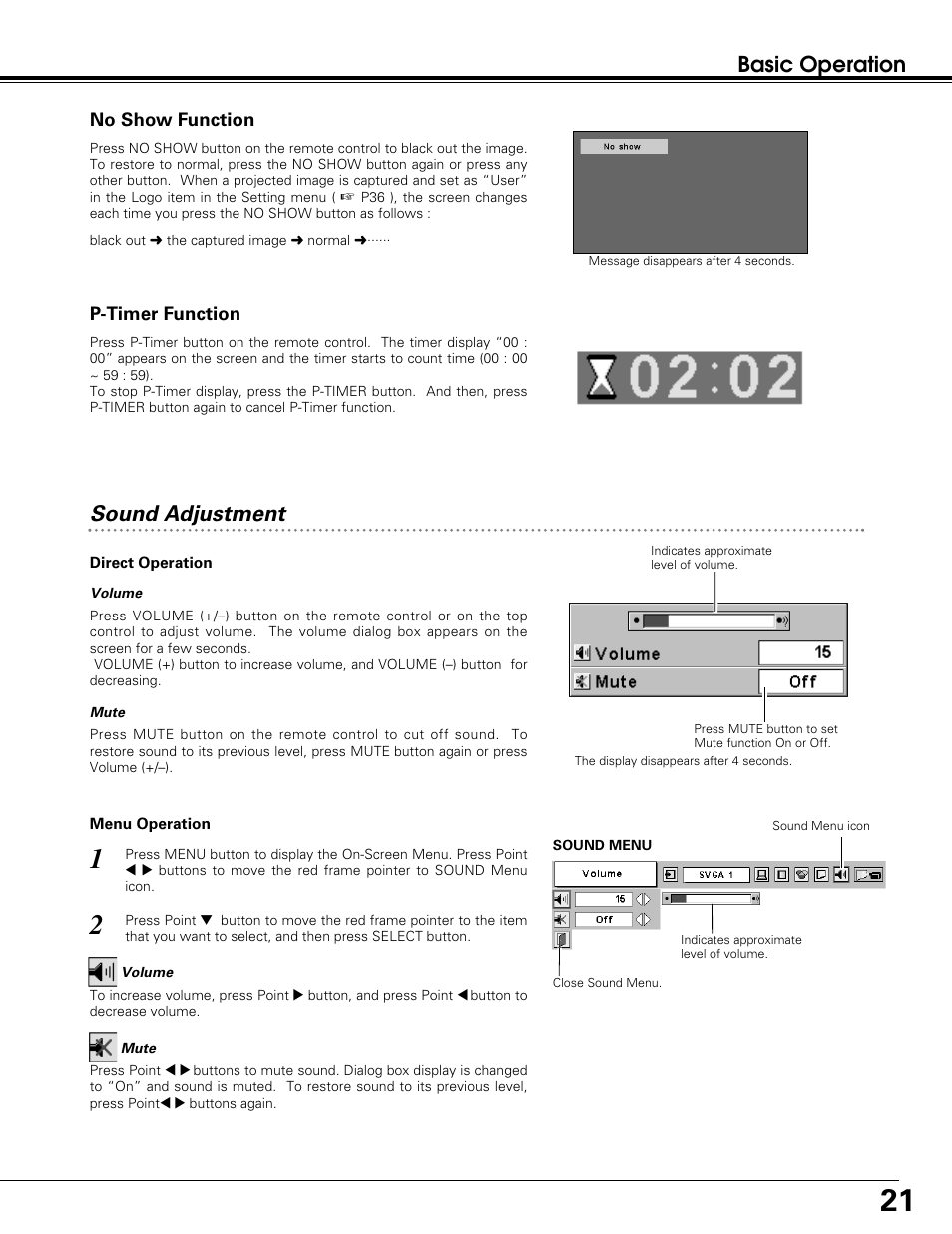 Basic operation, Sound adjustment | Sanyo PLC-SW30 User Manual | Page 21 / 52