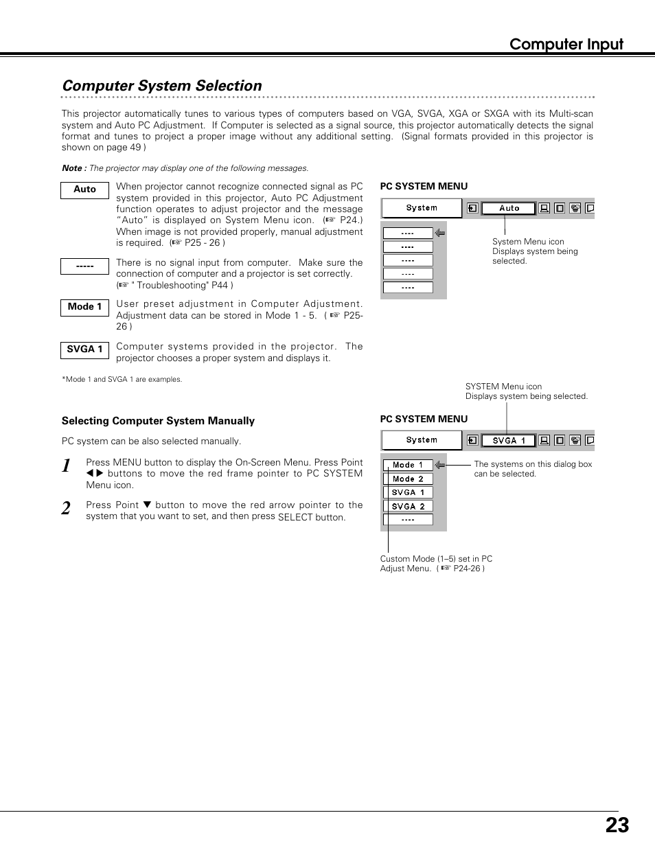 Computer input computer system selection | Sanyo PLC-SW30 User Manual | Page 23 / 52