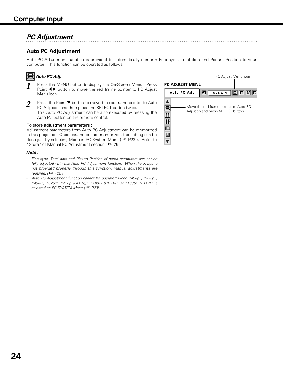 Computer input, Pc adjustment | Sanyo PLC-SW30 User Manual | Page 24 / 52