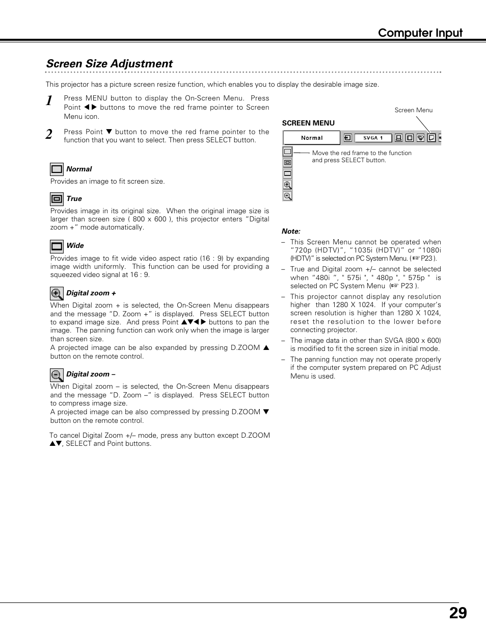 Computer input screen size adjustment | Sanyo PLC-SW30 User Manual | Page 29 / 52