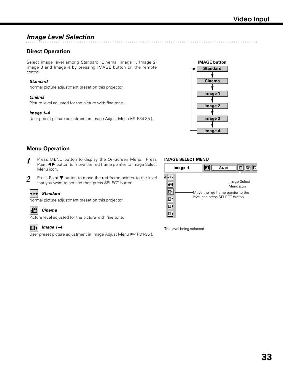 Video input, Image level selection | Sanyo PLC-SW30 User Manual | Page 33 / 52