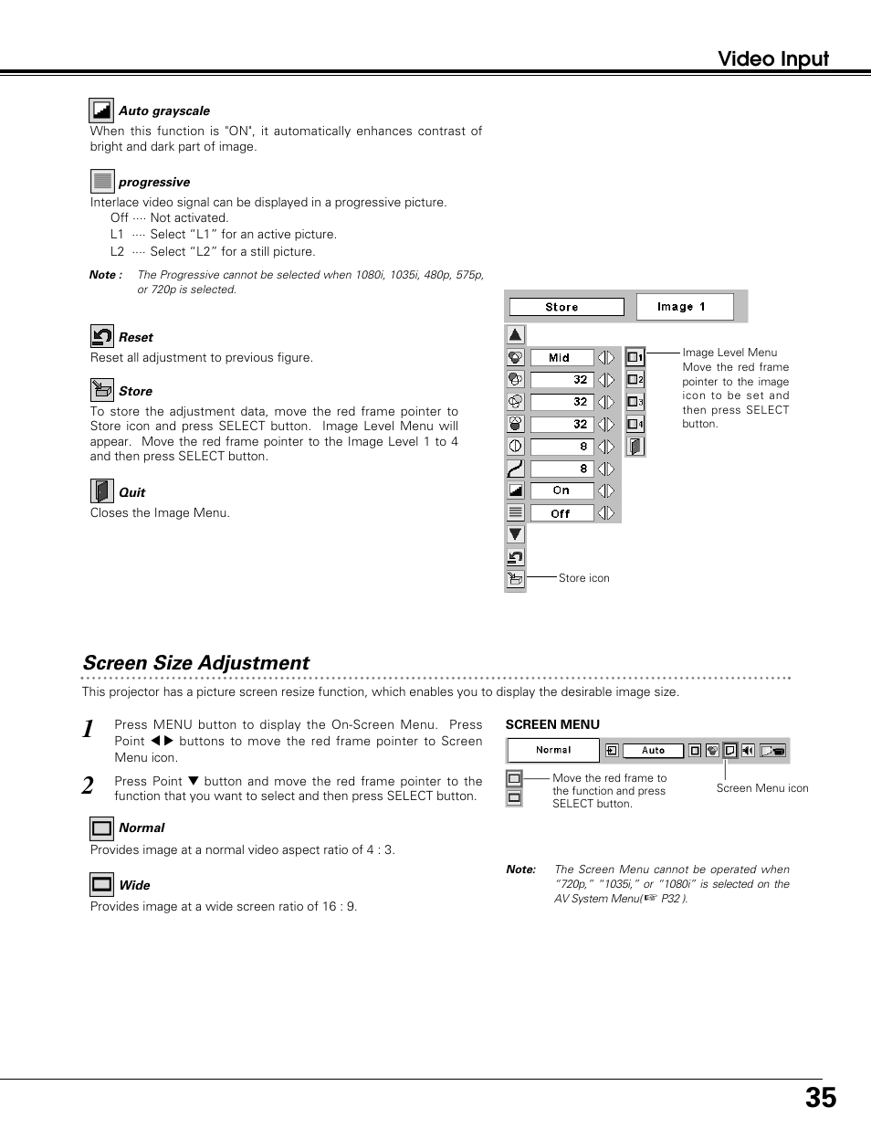 Video input screen size adjustment | Sanyo PLC-SW30 User Manual | Page 35 / 52