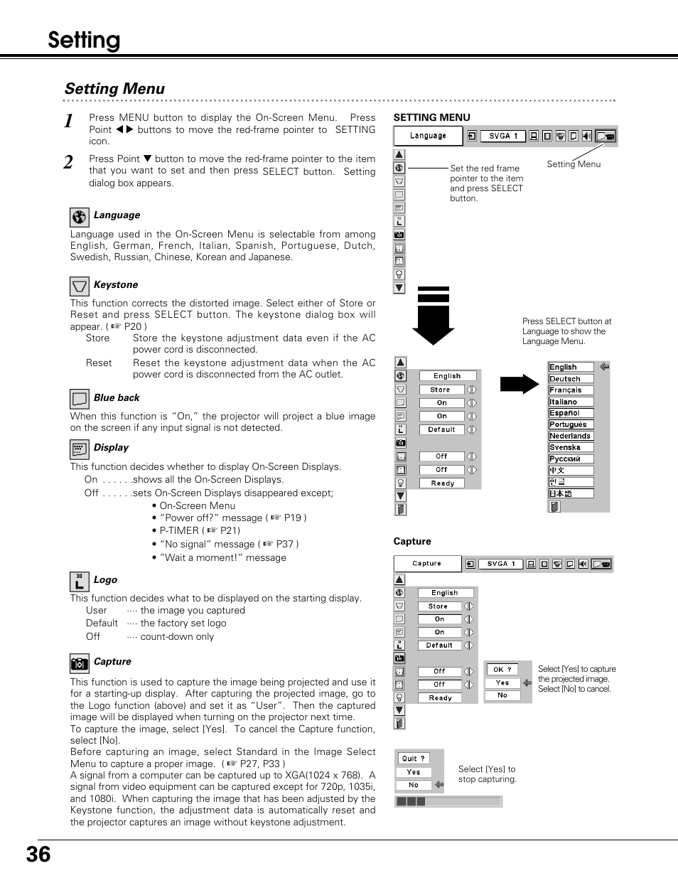 Setting, Setting menu | Sanyo PLC-SW30 User Manual | Page 36 / 52