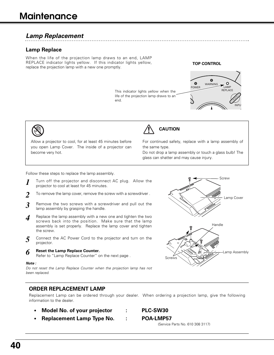 Maintenance, Lamp replacement | Sanyo PLC-SW30 User Manual | Page 40 / 52
