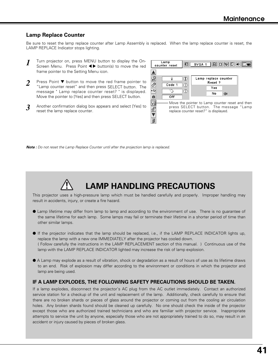 Lamp handling precautions, Maintenance | Sanyo PLC-SW30 User Manual | Page 41 / 52