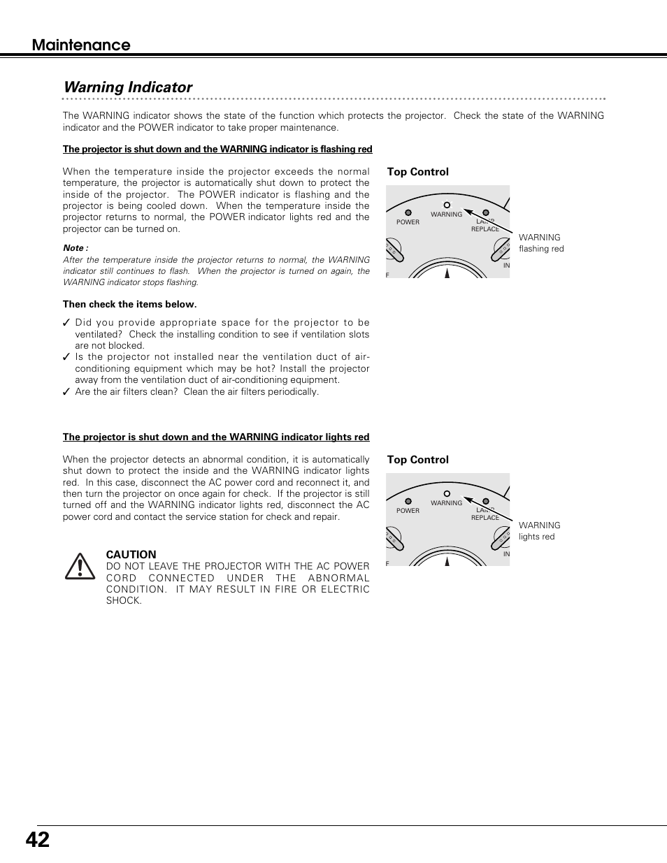 Maintenance warning indicator | Sanyo PLC-SW30 User Manual | Page 42 / 52