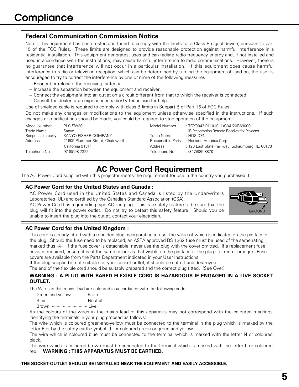 5compliance, Ac power cord requirement, Federal communication commission notice | Sanyo PLC-SW30 User Manual | Page 5 / 52