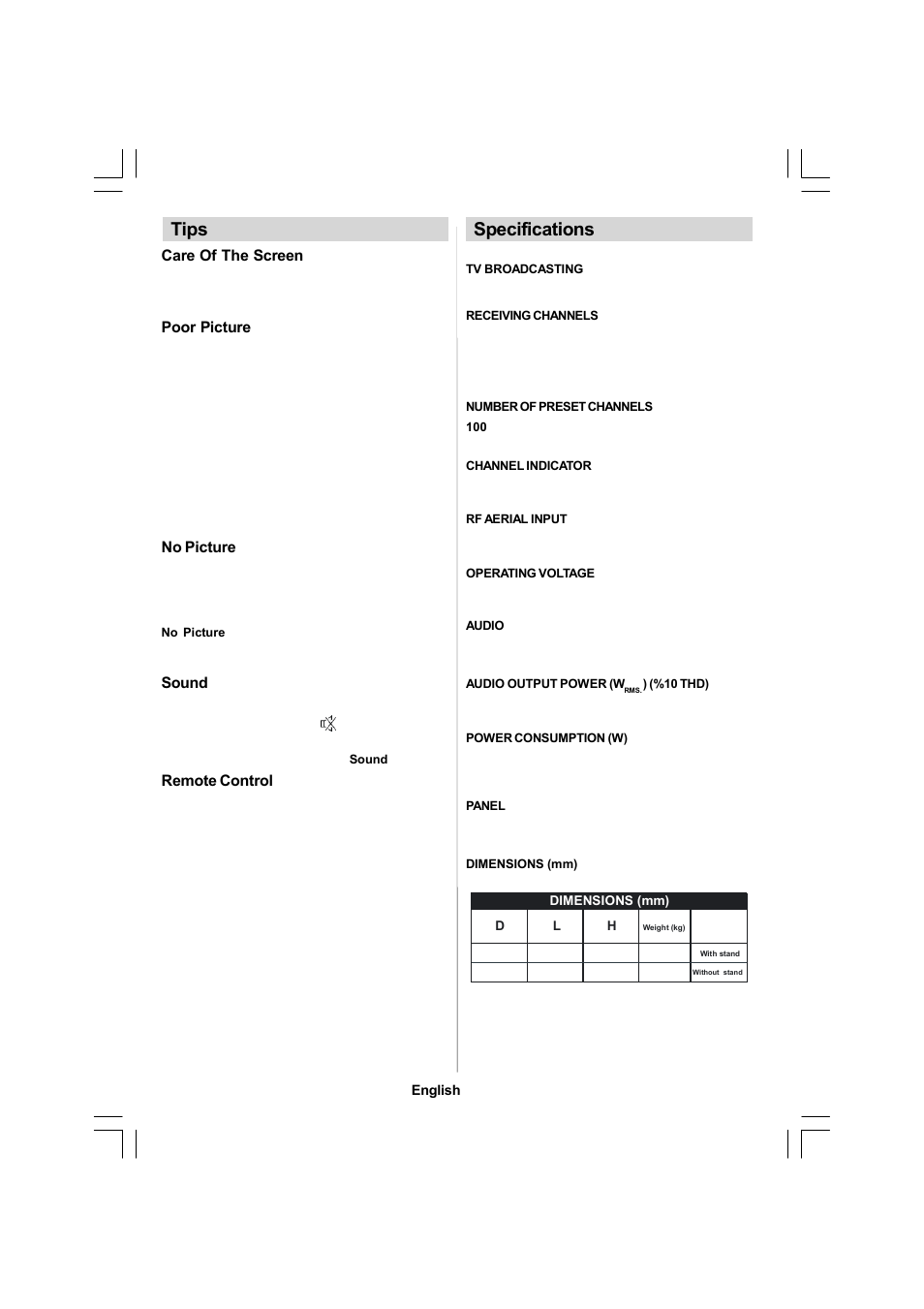 Tips, Specifications | Sanyo CE26LC81-B User Manual | Page 16 / 20