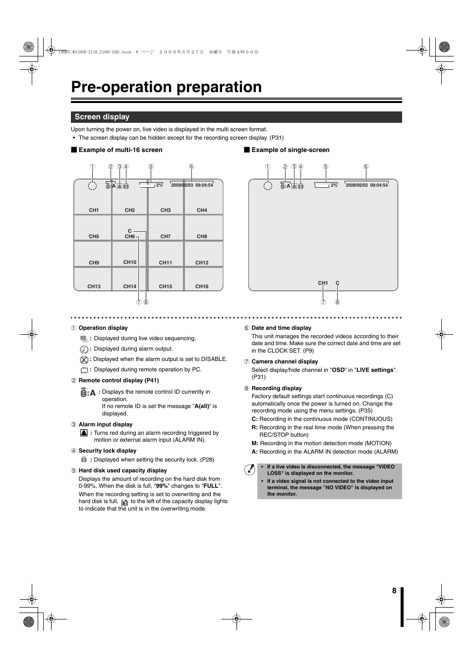 Pre-operation preparation, Screen display | Sanyo DSR-2108 User Manual | Page 15 / 92