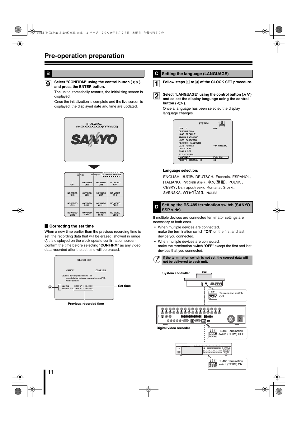 Sanyo ssp side), Pre-operation preparation, B correcting the set time | Setting the language (language) | Sanyo DSR-2108 User Manual | Page 18 / 92