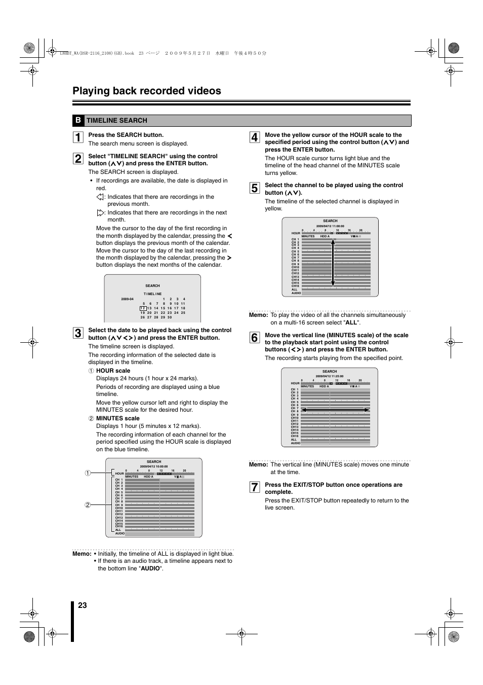 B timeline search, Playing back recorded videos | Sanyo DSR-2108 User Manual | Page 30 / 92