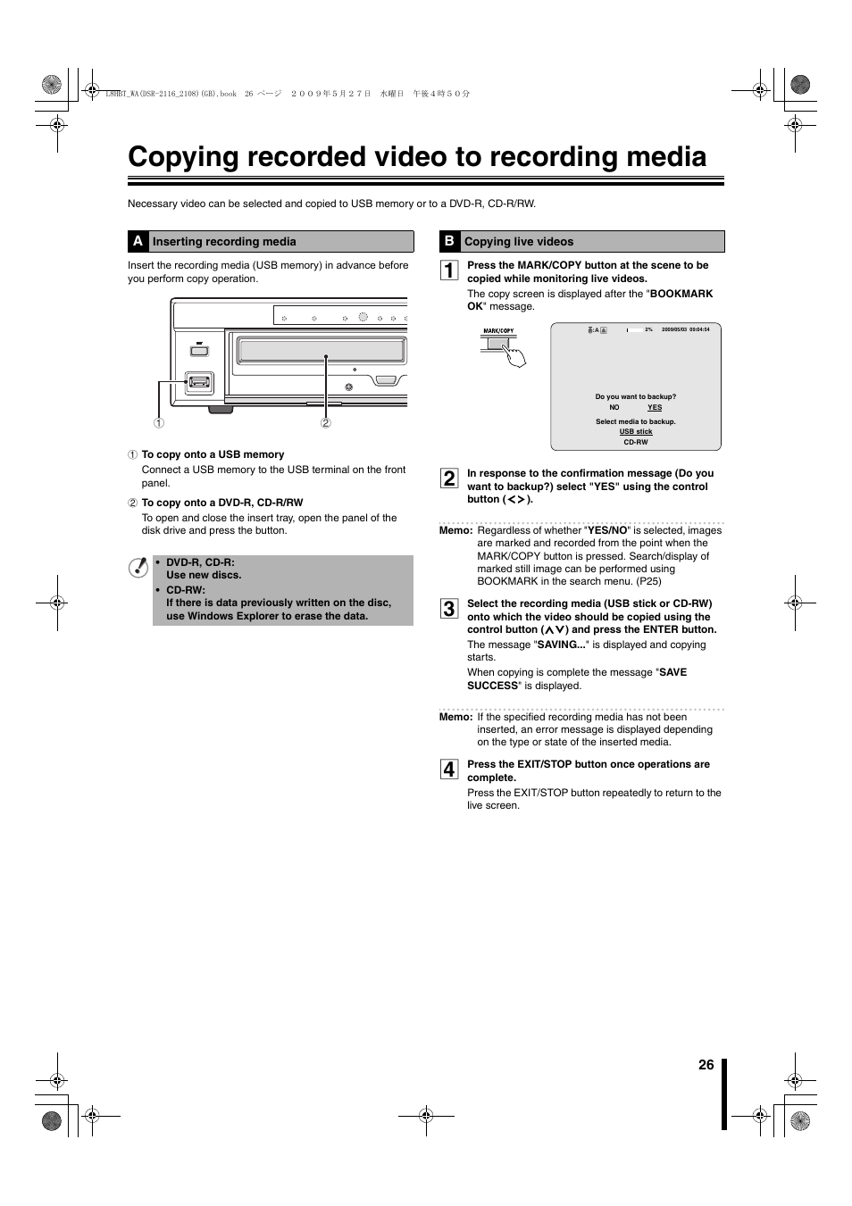 Copying recorded video to recording media, A inserting recording media b copying live videos, P26) | Ark/copy) (p26 | Sanyo DSR-2108 User Manual | Page 33 / 92