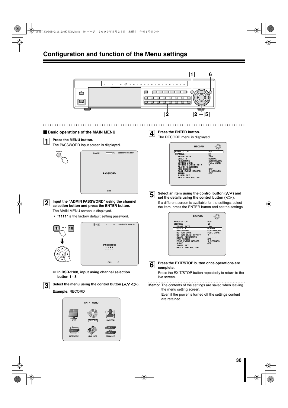 Configuration and function of the menu settings, B basic operations of the main menu | Sanyo DSR-2108 User Manual | Page 37 / 92