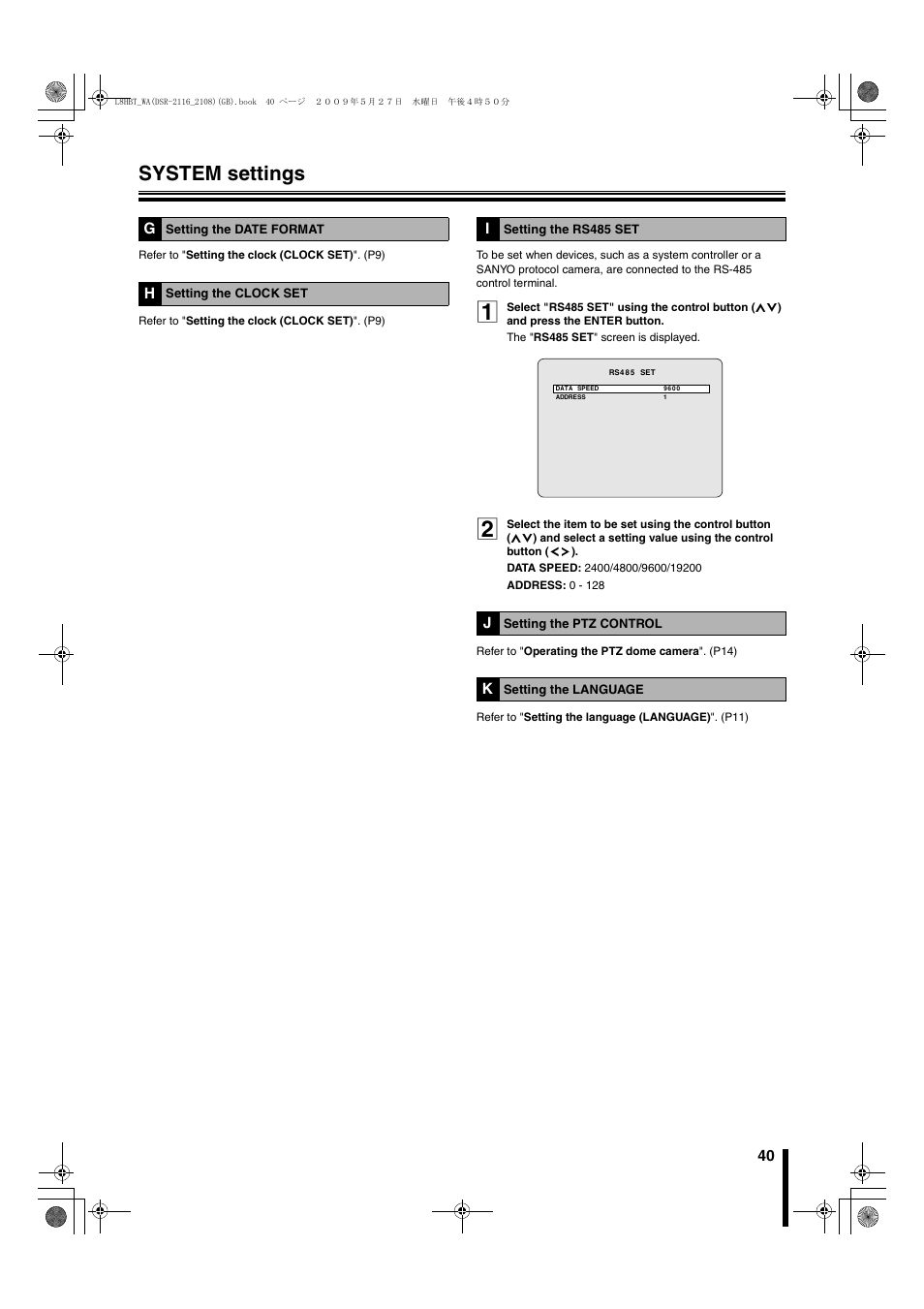 G setting the date format h setting the clock set, P40), System settings | Sanyo DSR-2108 User Manual | Page 47 / 92