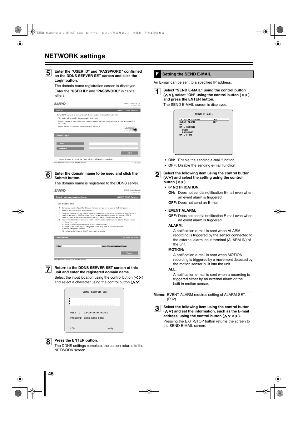 F setting the send e-mail, Network settings | Sanyo DSR-2108 User Manual | Page 52 / 92