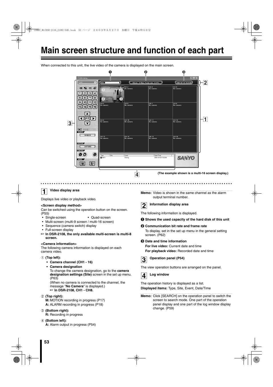 Main screen structure and function of each part | Sanyo DSR-2108 User Manual | Page 60 / 92