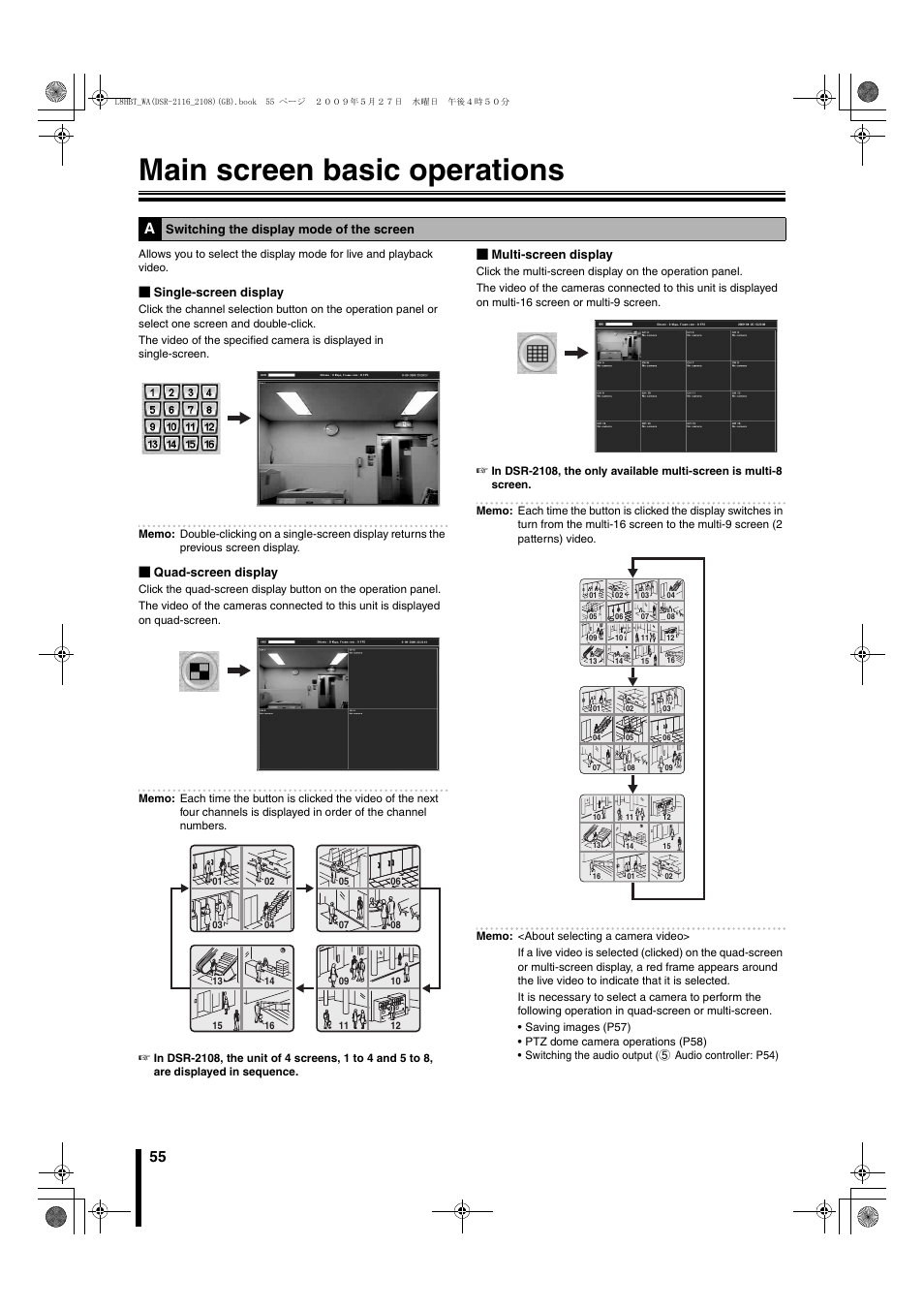 Main screen basic operations, A switching the display mode of the screen, P55) | N (p55 | Sanyo DSR-2108 User Manual | Page 62 / 92