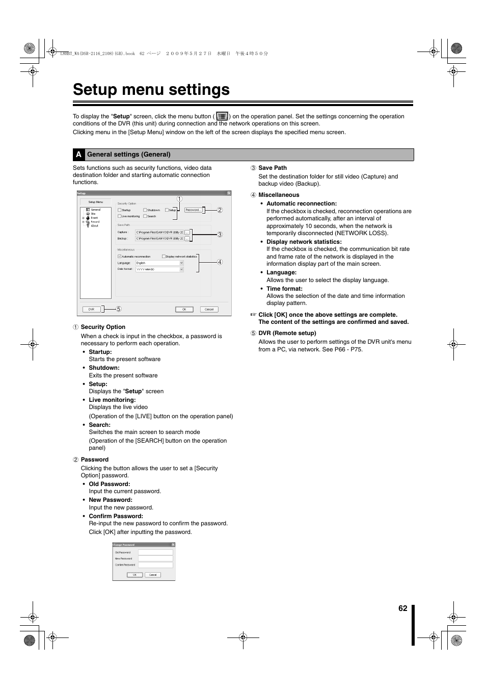 Setup menu settings, A general settings (general), P62) | Sanyo DSR-2108 User Manual | Page 69 / 92