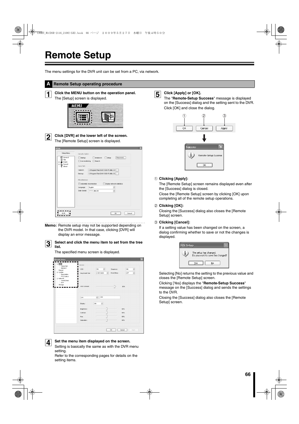 Remote setup, A remote setup operating procedure | Sanyo DSR-2108 User Manual | Page 73 / 92