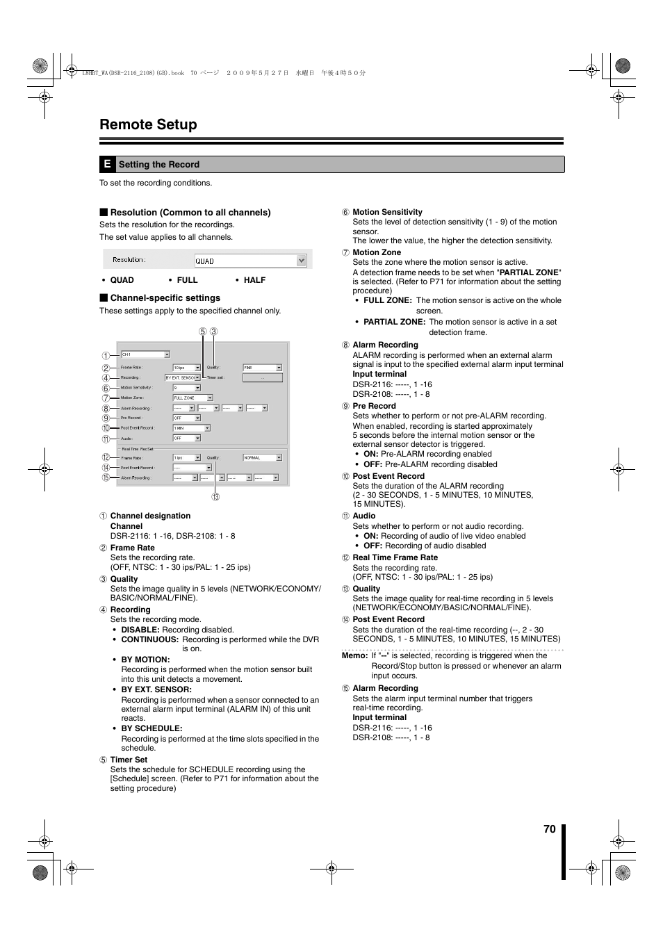 E setting the record, Remote setup | Sanyo DSR-2108 User Manual | Page 77 / 92