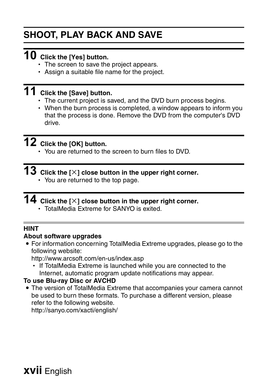 Xvii, Shoot, play back and save | Sanyo Xacti VPC-SH1 User Manual | Page 18 / 96