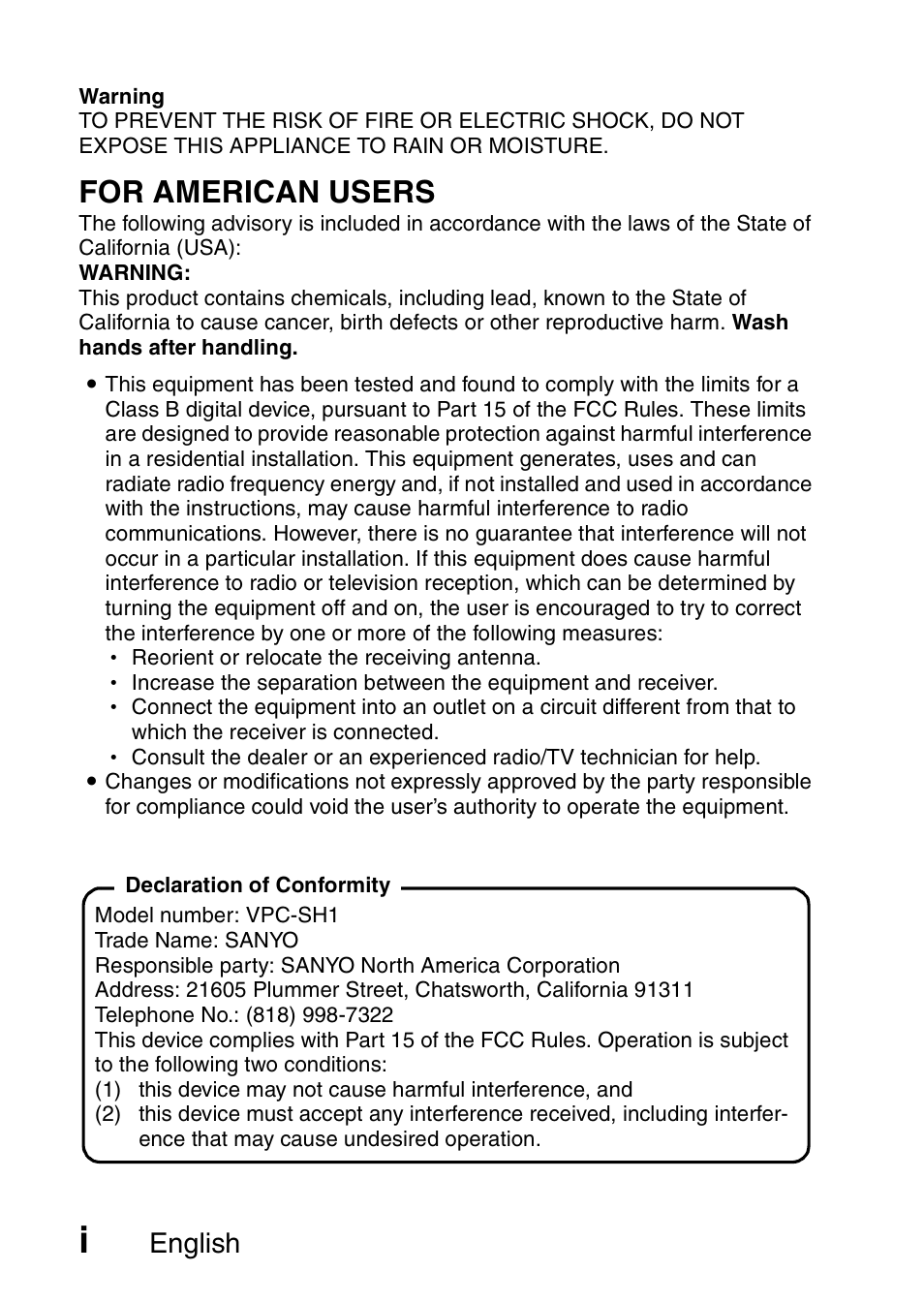 For american users, English | Sanyo Xacti VPC-SH1 User Manual | Page 2 / 96