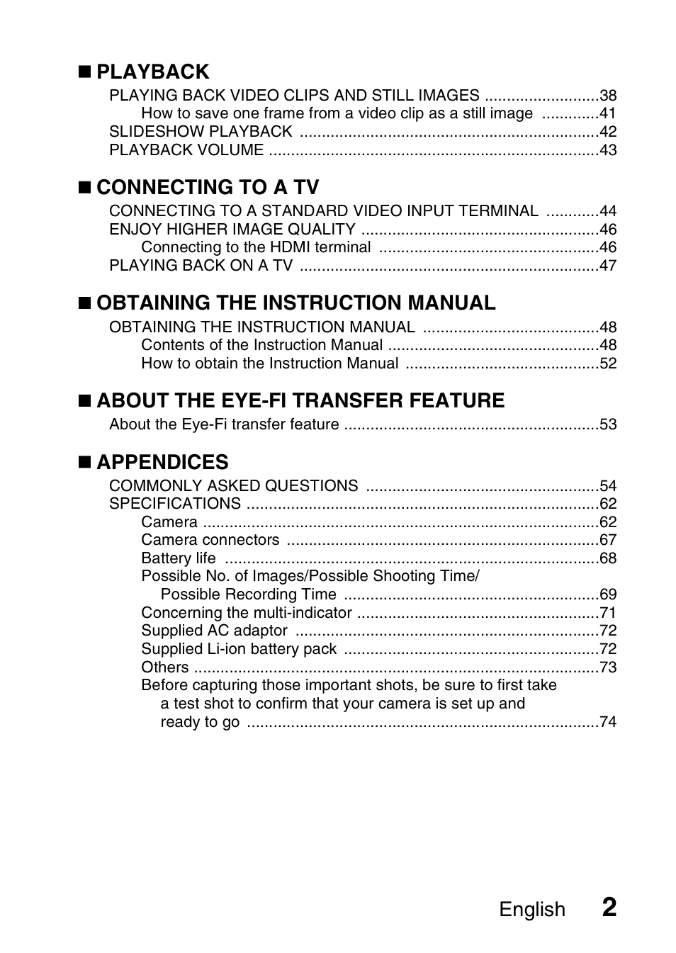 English, Playback, Connecting to a tv | Obtaining the instruction manual, About the eye-fi transfer feature, Appendices | Sanyo Xacti VPC-SH1 User Manual | Page 23 / 96