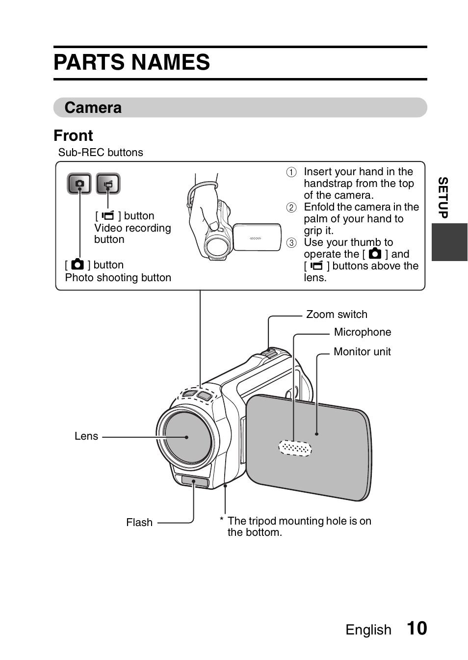 Setup, Parts names, Camera | Camera front, English | Sanyo Xacti VPC-SH1 User Manual | Page 31 / 96