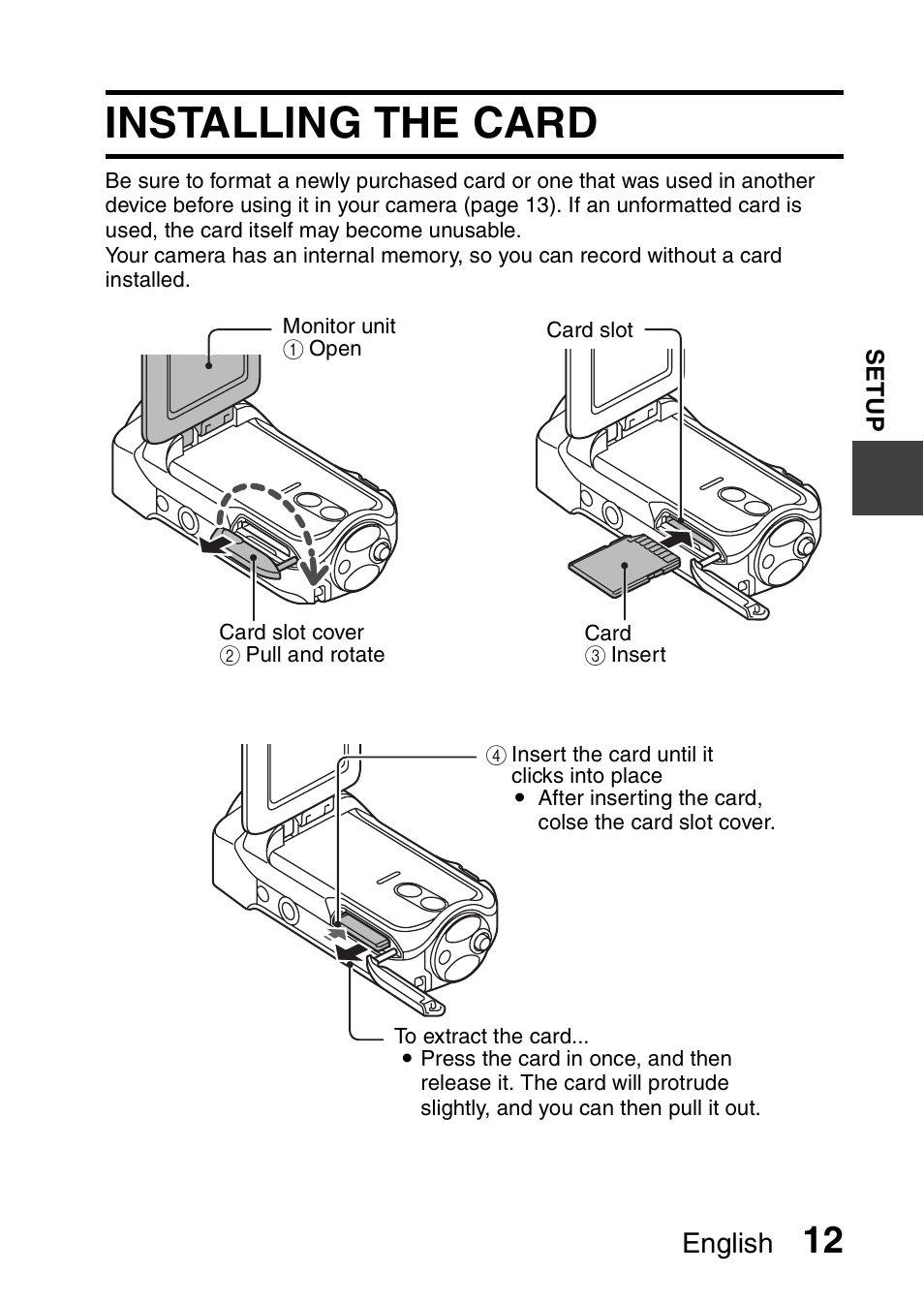 Installing the card, English | Sanyo Xacti VPC-SH1 User Manual | Page 33 / 96