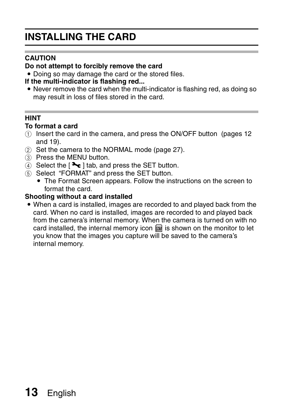 Installing the card, English | Sanyo Xacti VPC-SH1 User Manual | Page 34 / 96