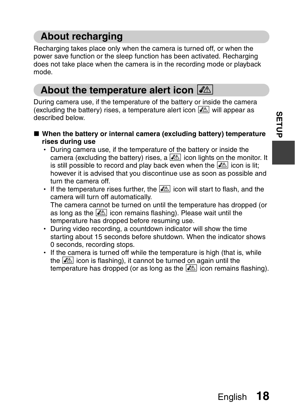 About recharging, About the temperature alert icon, About recharging about the temperature alert icon | Urning the camera on and of, English | Sanyo Xacti VPC-SH1 User Manual | Page 39 / 96