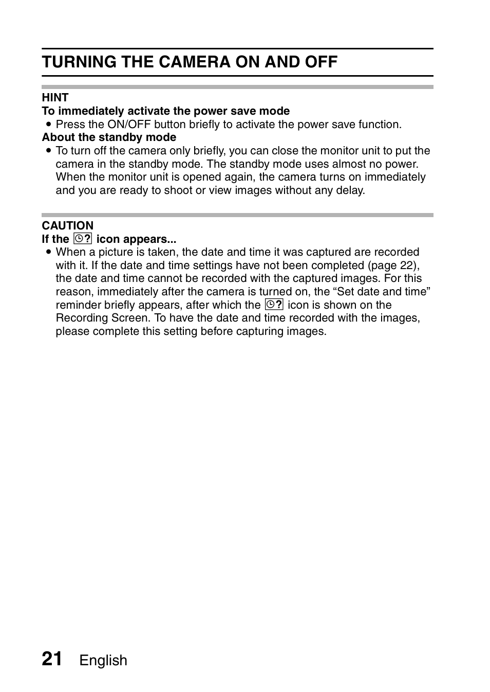 Turning the camera on and off, English | Sanyo Xacti VPC-SH1 User Manual | Page 42 / 96