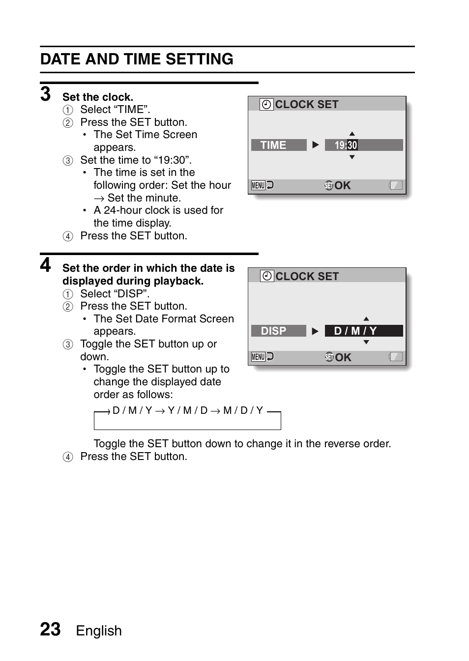 Date and time setting, English | Sanyo Xacti VPC-SH1 User Manual | Page 44 / 96