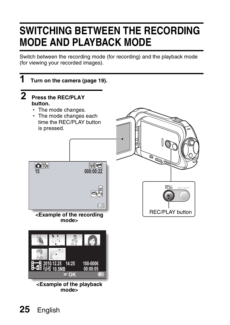 Switching between the recording mode and playback, Mode | Sanyo Xacti VPC-SH1 User Manual | Page 46 / 96